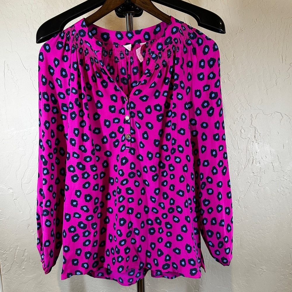 Lilly Pulitzer 100% SILK Elsa Blouse Mambo Pink Womens S Leopard Print Preppy